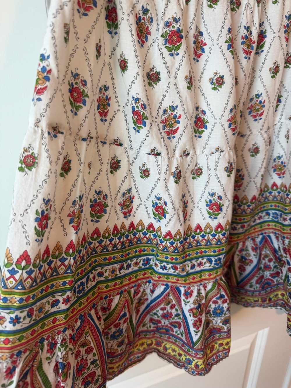 ⚡️100% Cotton Boho White Floral Tiered Skirt with Multicolor Border - Picture 2 of 3